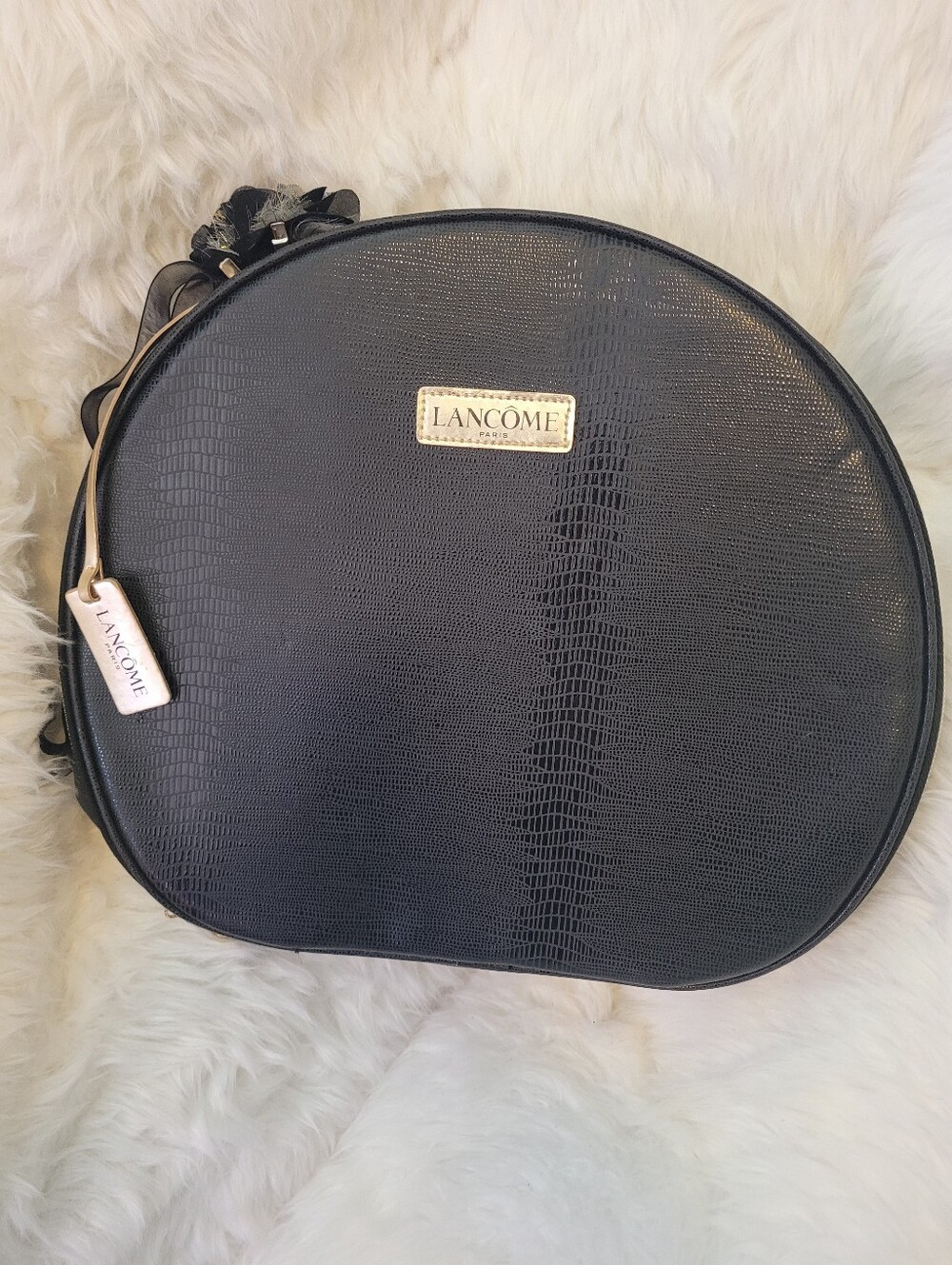 Lancome Black Round Lizard-Texture Cosmetic Case with Gold Accent